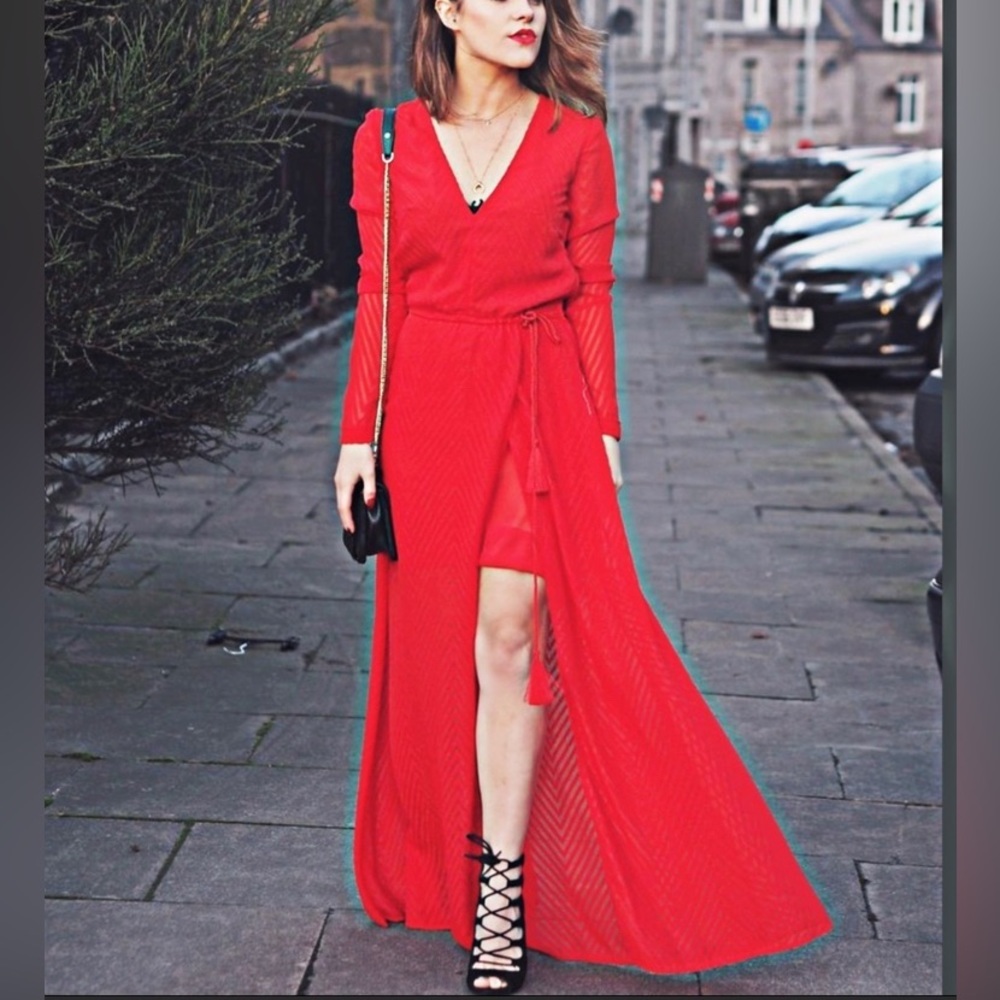 NWT Brilliant Red Sheer Patterned Maxi Dress
